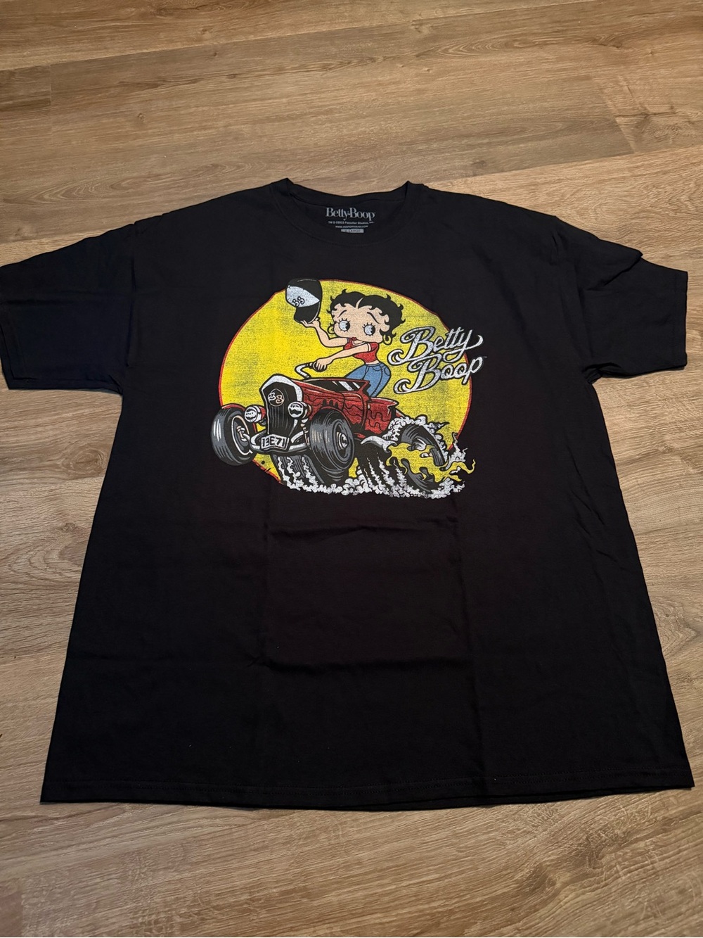 Betty Boop Black Tee with Yellow & Red Hot Rod Graphic